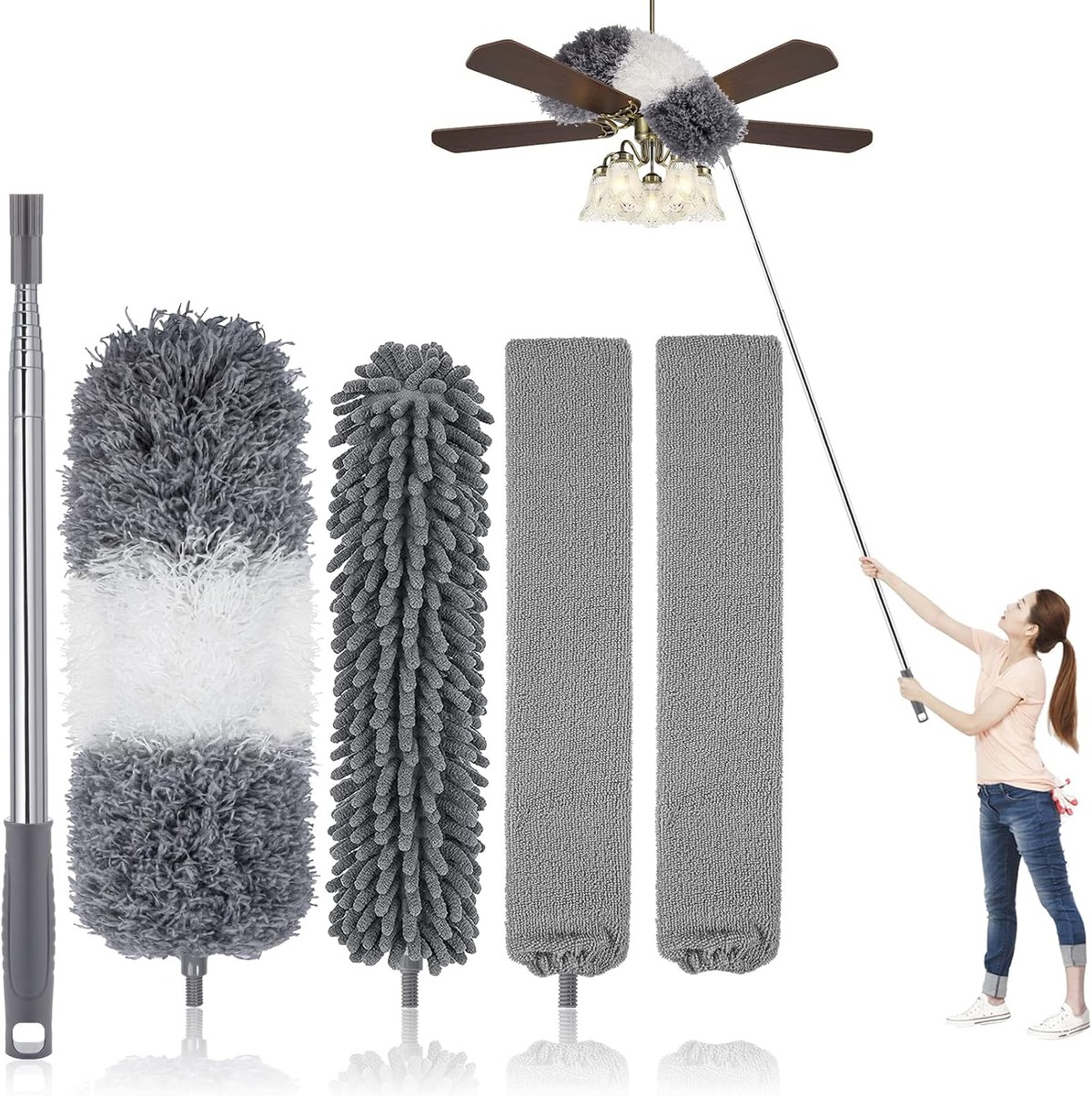 Extendable microfiber duster kit with telescoping pole and cleaning heads