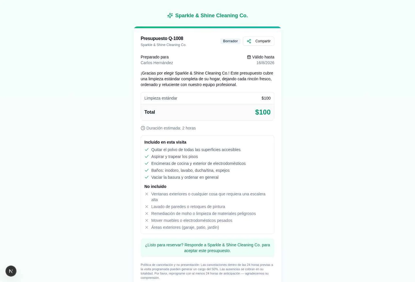 Cotización de limpieza para el cliente con precio detallado y lo incluido