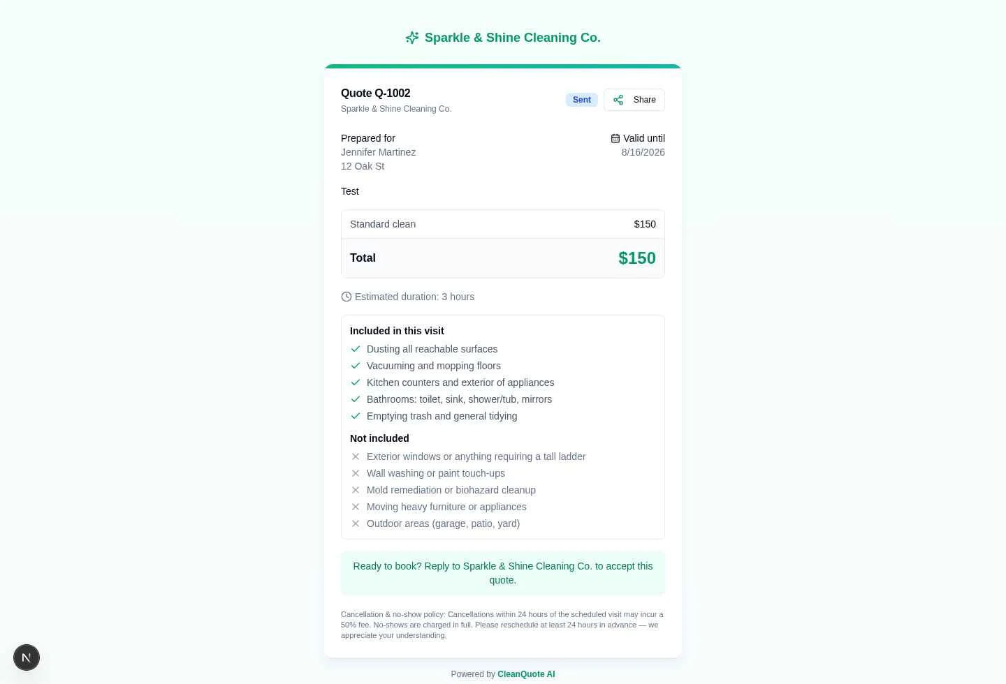 Customer-facing cleaning quote with itemized pricing and inclusions