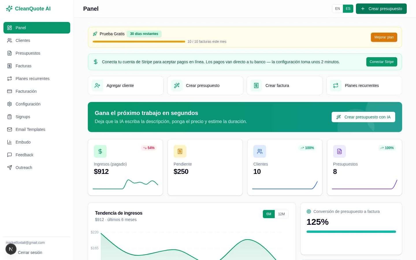 Panel de CleanQuote AI con ingresos, clientes y conversión de cotización a factura