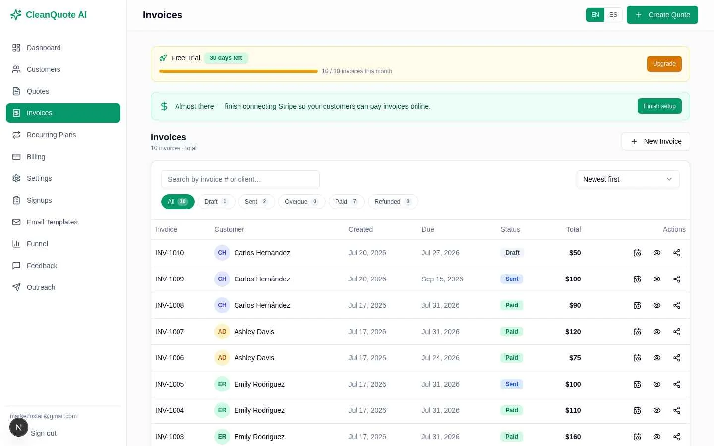 Invoices screen