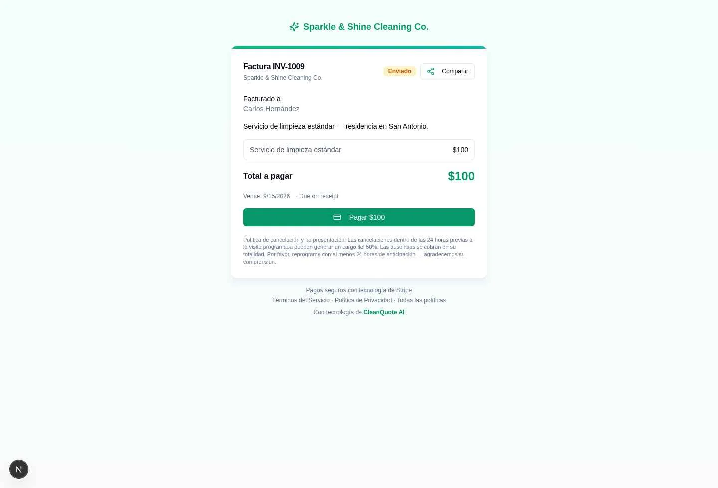 Pantalla de pago del cliente