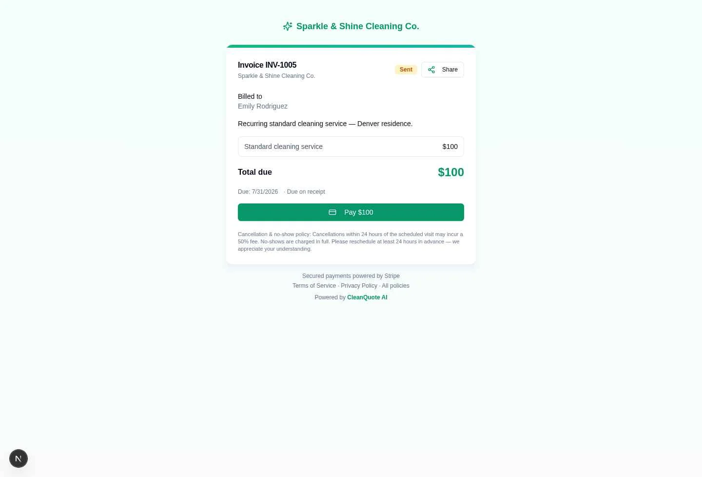 Customer payment screen
